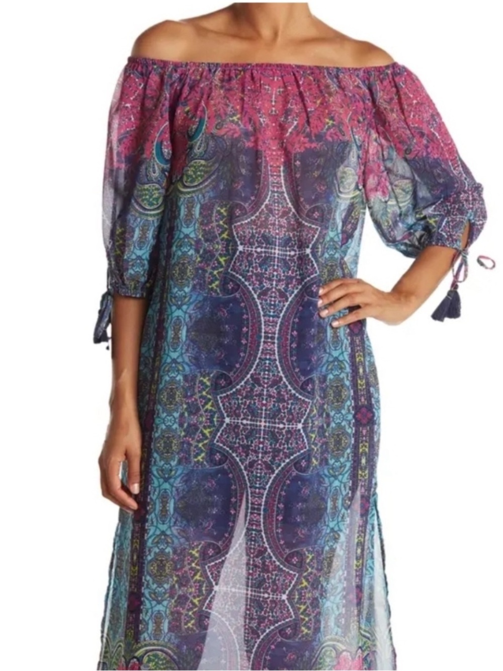 Tommy Bahamas Off-Shoulder Boho Swim Cover-Up Dress in Purple/Pink